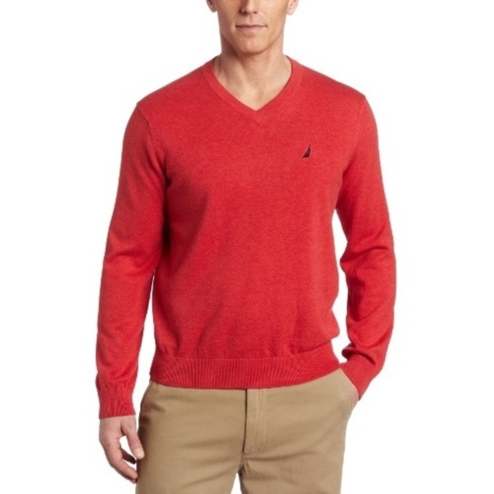 Nautica Men's V-Neck Sweater‎ Medium Red 100% Cotton Casual Classic